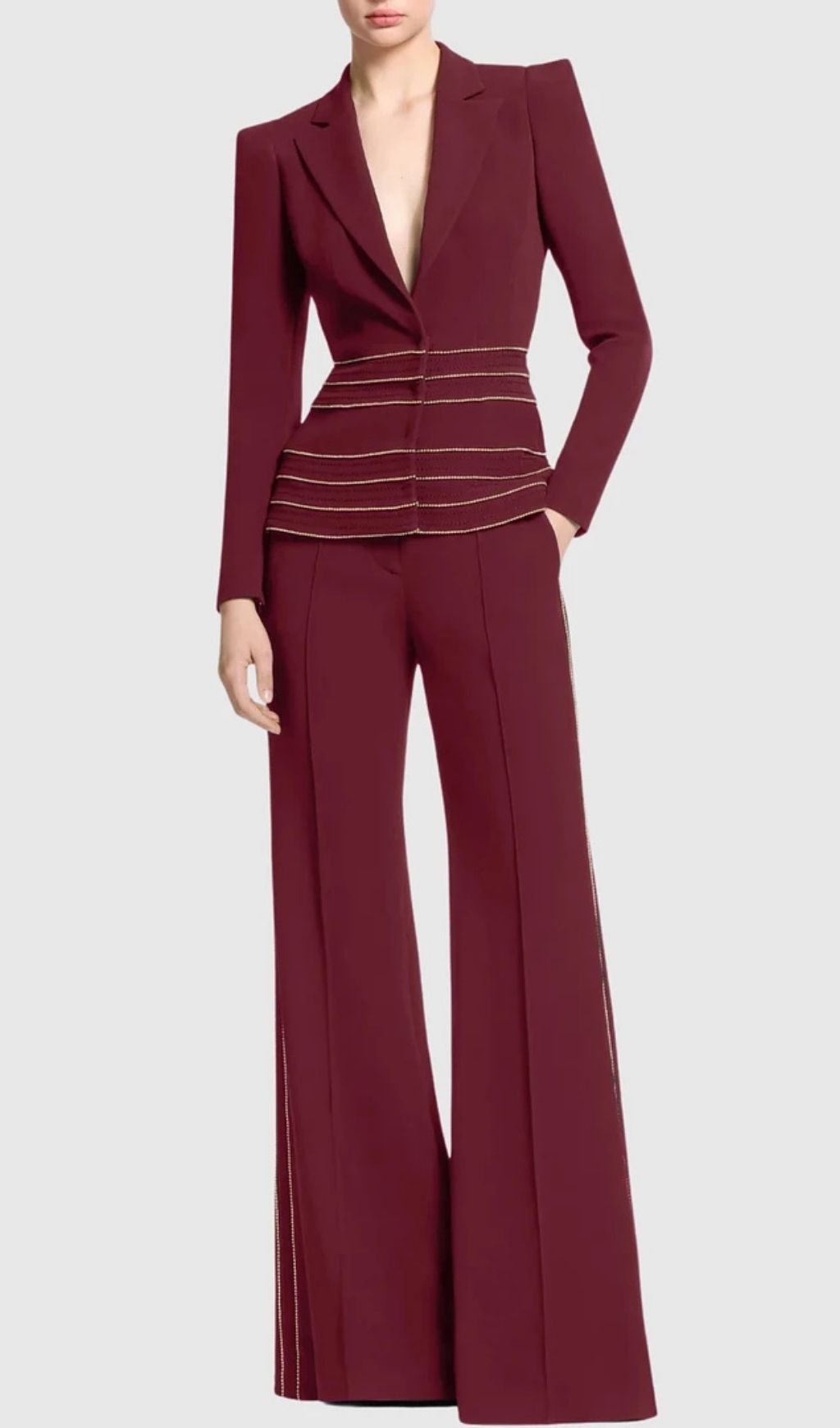 Sandy Trim Embellished Blazer & Pants Set - Wine Flowering Girl