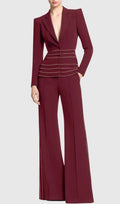 Sandy Trim Embellished Blazer & Pants Set - Wine Flowering Girl