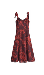 Floral Print Bowknot Strap Midi Dress In Burgundy Flowering Girl