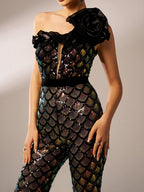 Mermaid Scale Floral One-Shoulder Sequin Jumpsuit Flowering Girl
