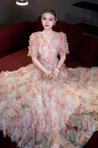 Jodie V Neck Multicolor Ruffle Trim Tulle Maxi Dress Flowering Girl
