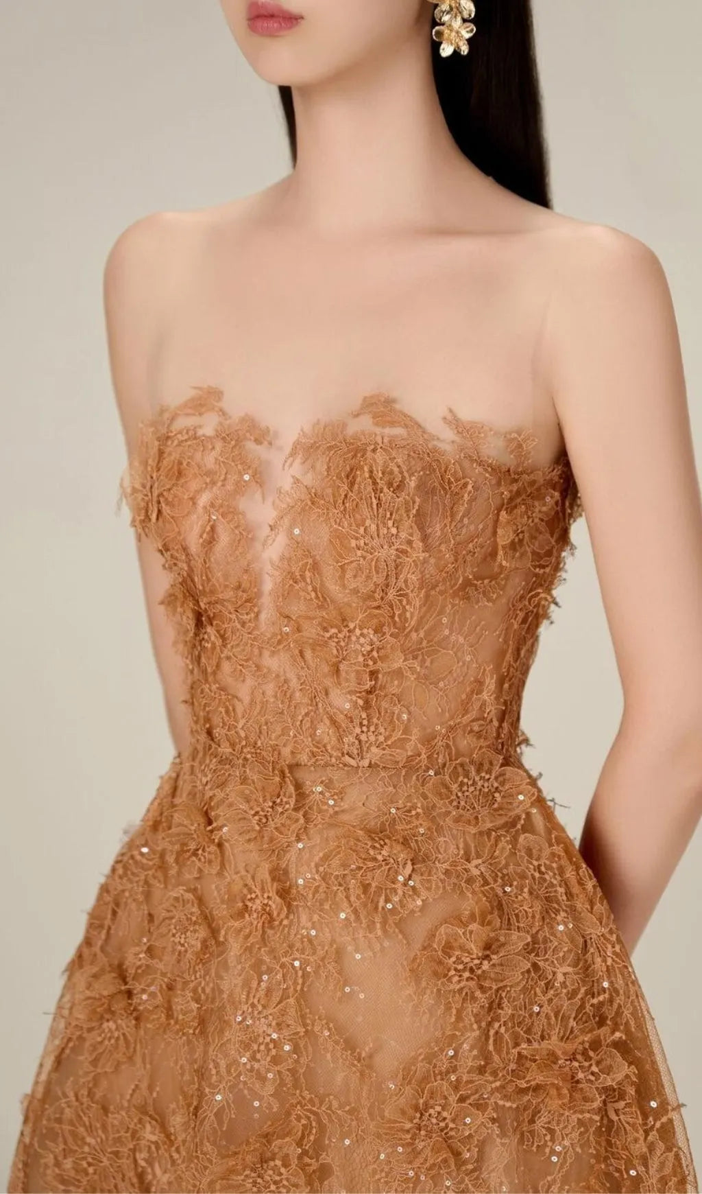 Allyson Caramel Floral Lace Embroider Midi Dress