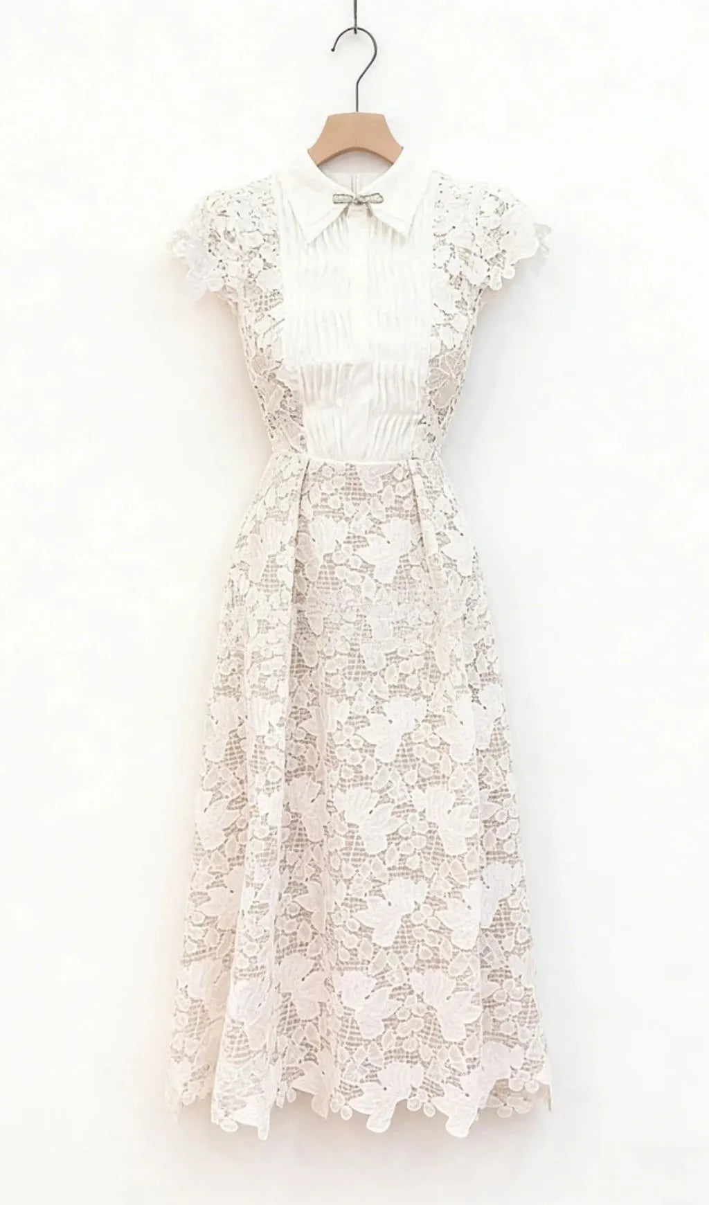 Leila White 3D Flower Embroidery Bow Lace Midi Dress Flowering Girl
