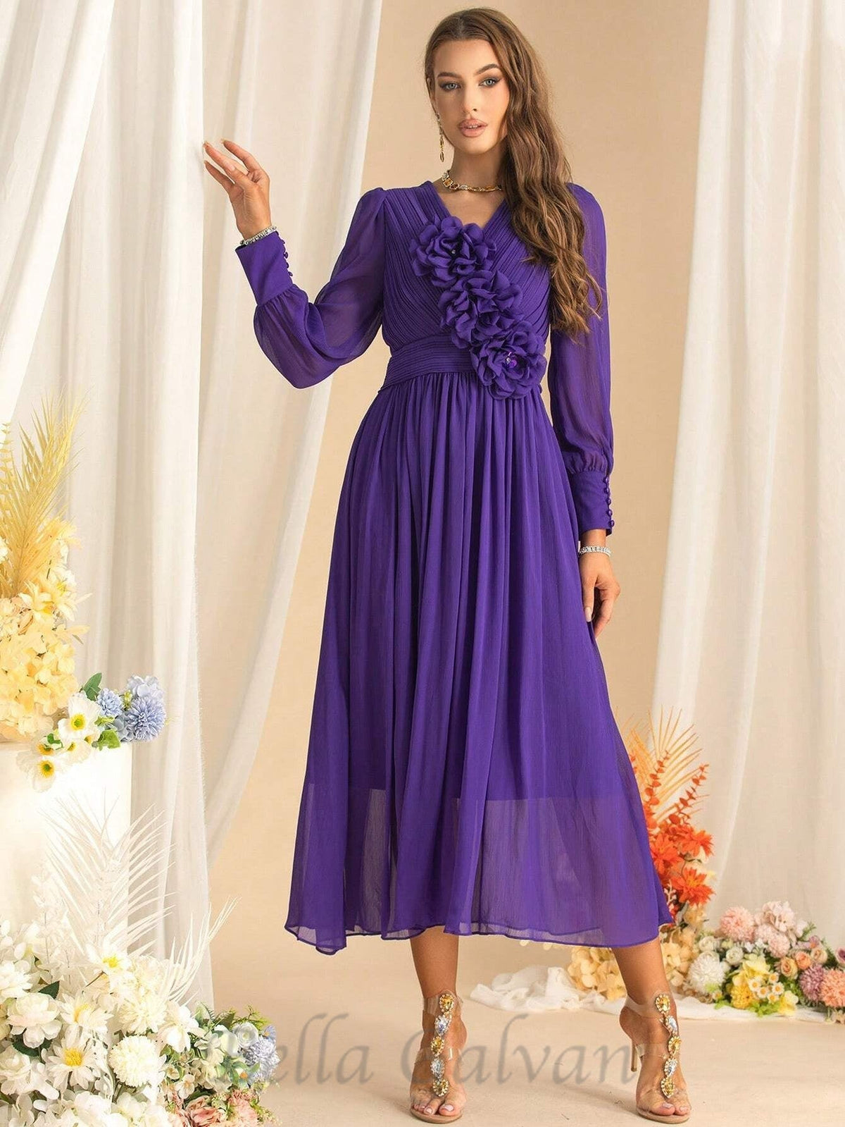 three-dimensional flower v-neck purple chiffon maxi dress Flowering Girl