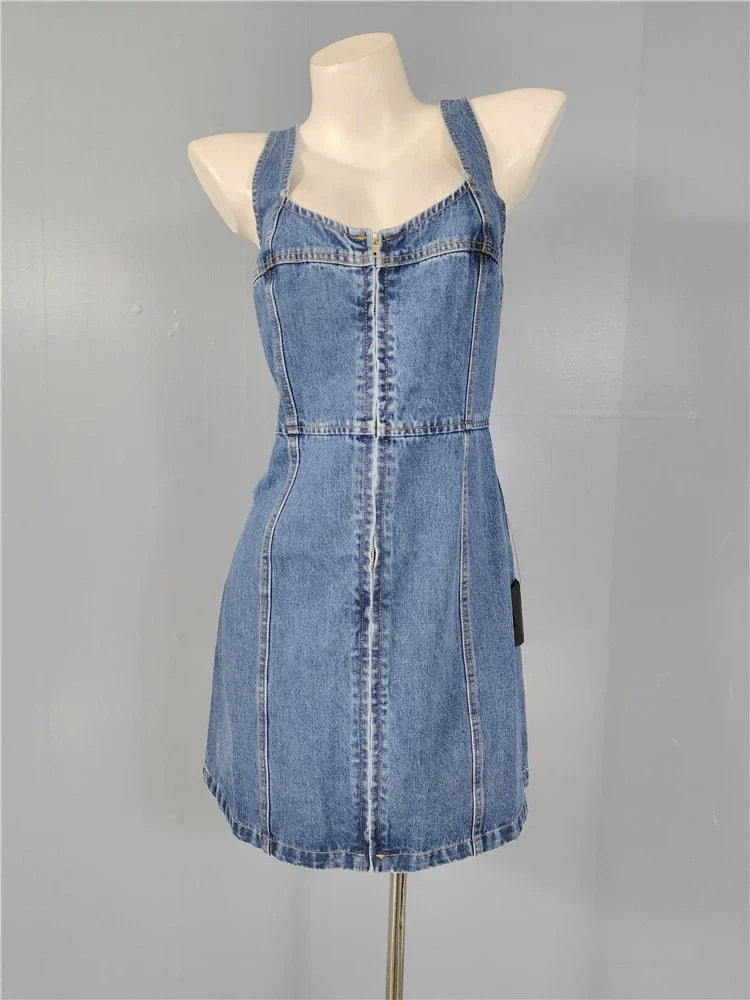 Denim Suspender Square Neck Slim Mini Dress Flowering Girl