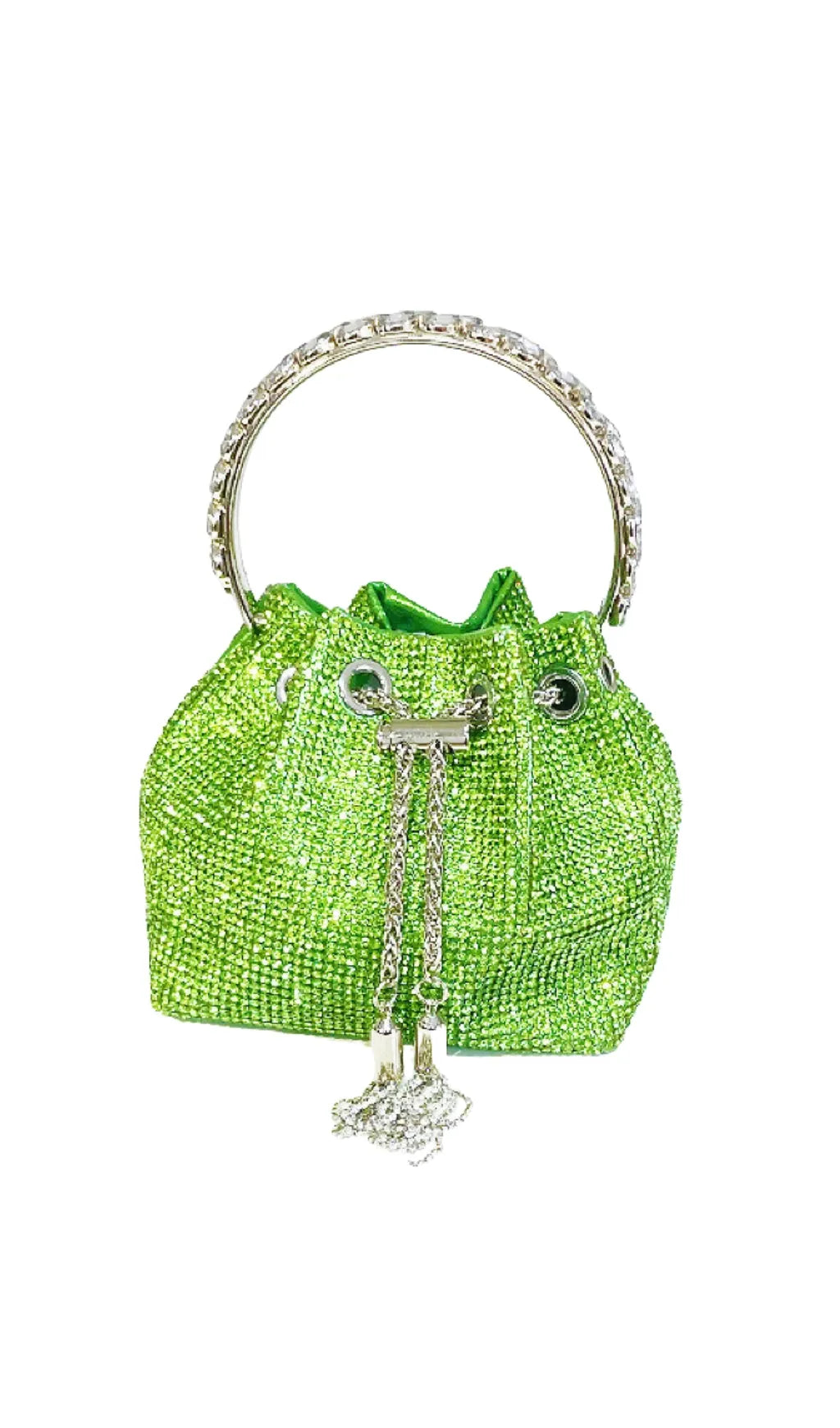Crystal Embellished Bucket Bag In Green Flowering Girl