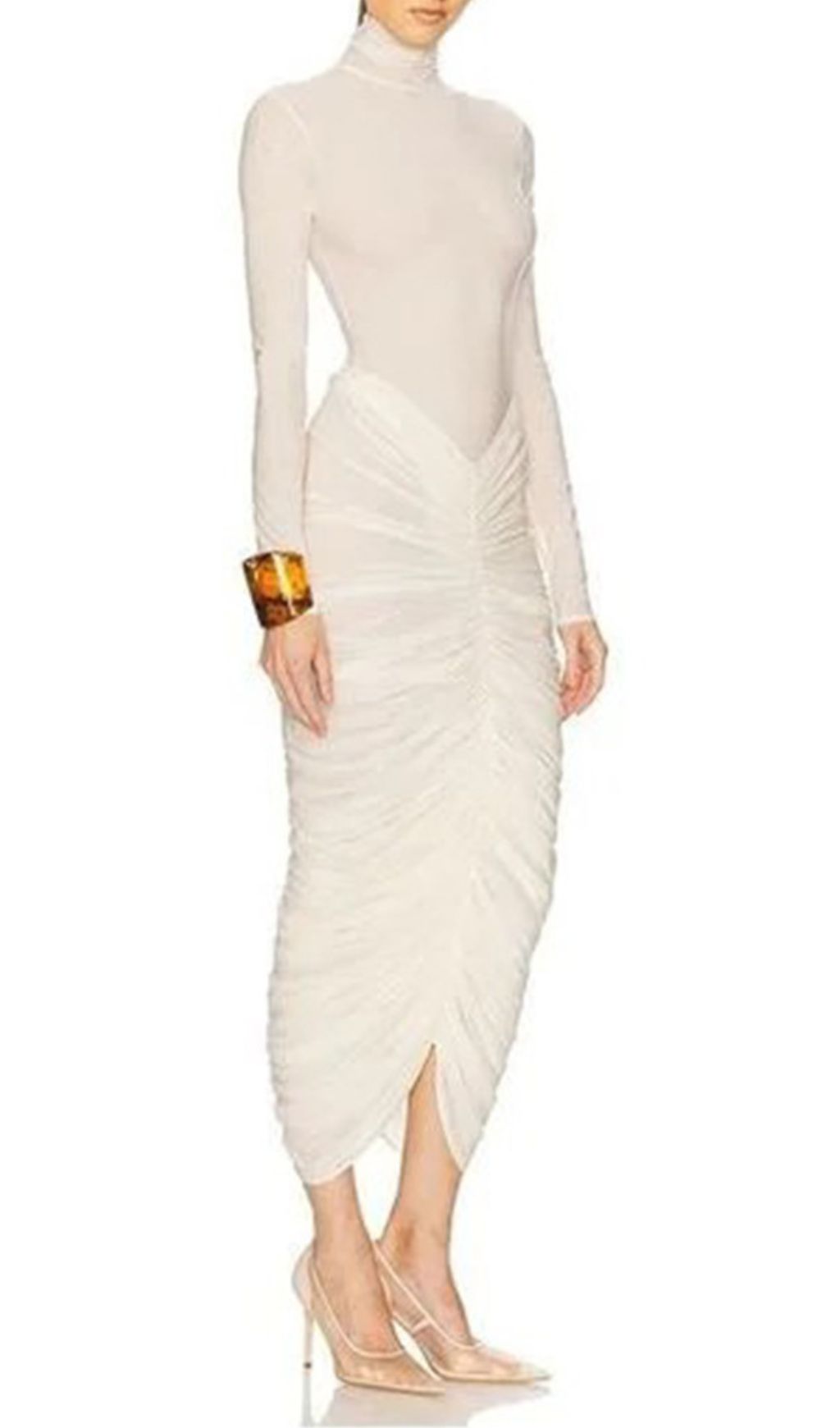 Jabbar White Ruched Long Sleeve Midi Dress Flowering Girl