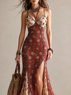 Rust-red Floral Print Chiffon High-slit Spaghetti Strap Maxi Dress Flowering Girl