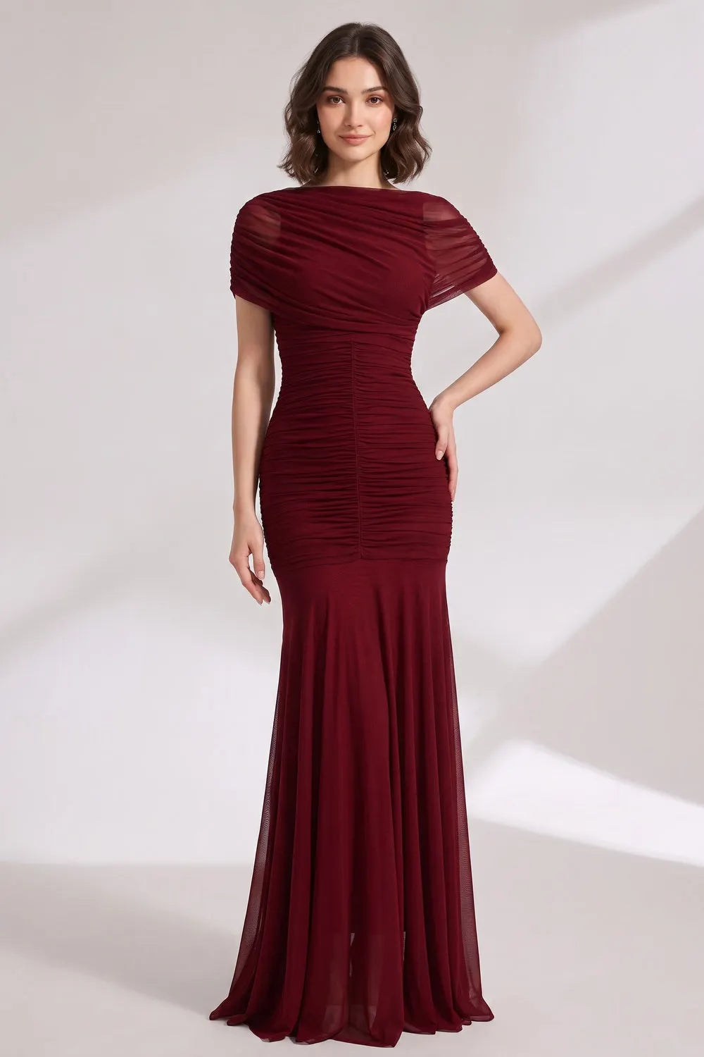 Burgundy Mesh Mermaid Evening Gown Flowering Girl