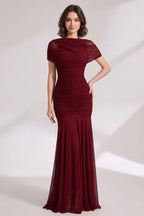 Burgundy Mesh Mermaid Evening Gown Flowering Girl
