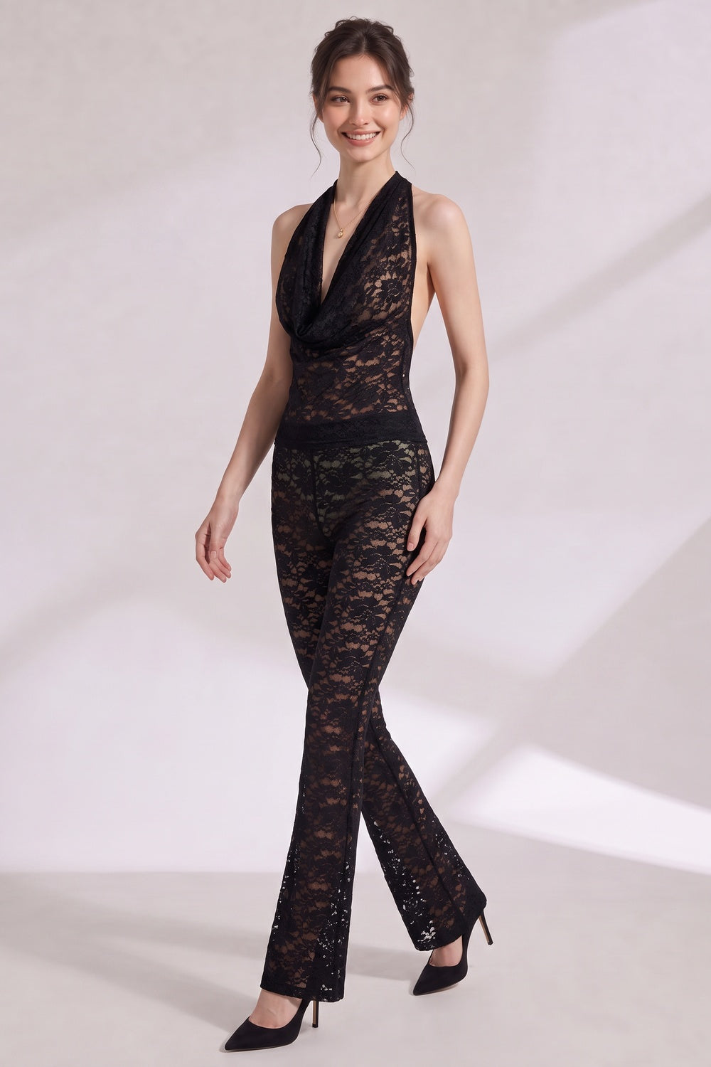 Black Sheer Floral Lace Cowl Halter Jumpsuit Flowering Girl
