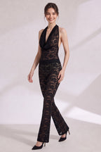Black Sheer Floral Lace Cowl Halter Jumpsuit Flowering Girl