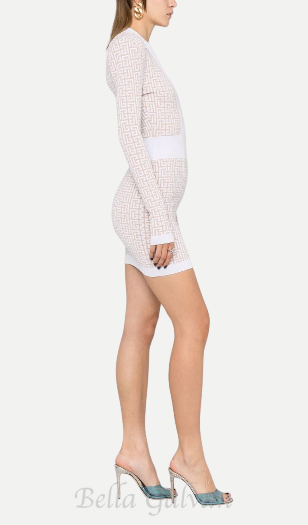 monogram-pattern long-sleeve dress in beige Flowering Girl