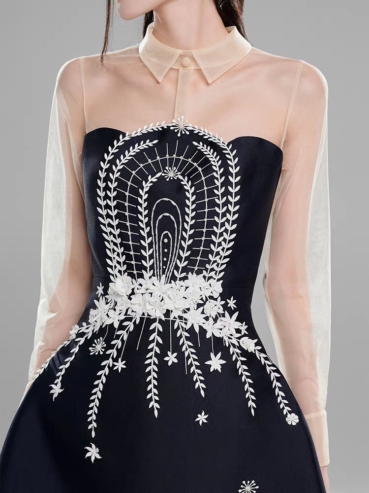 Embroidered Flower Lapel Tulle Mini Dress In Dark Blue Flowering Girl