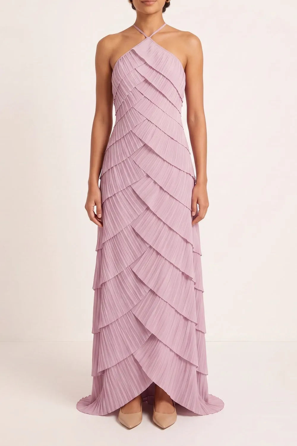 Halter Layered Pleated Maxi Dress Flowering Girl