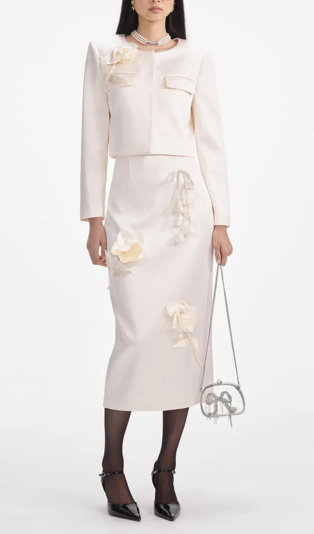 Cream 3D Flower Satin Midi Skirt Flowering Girl