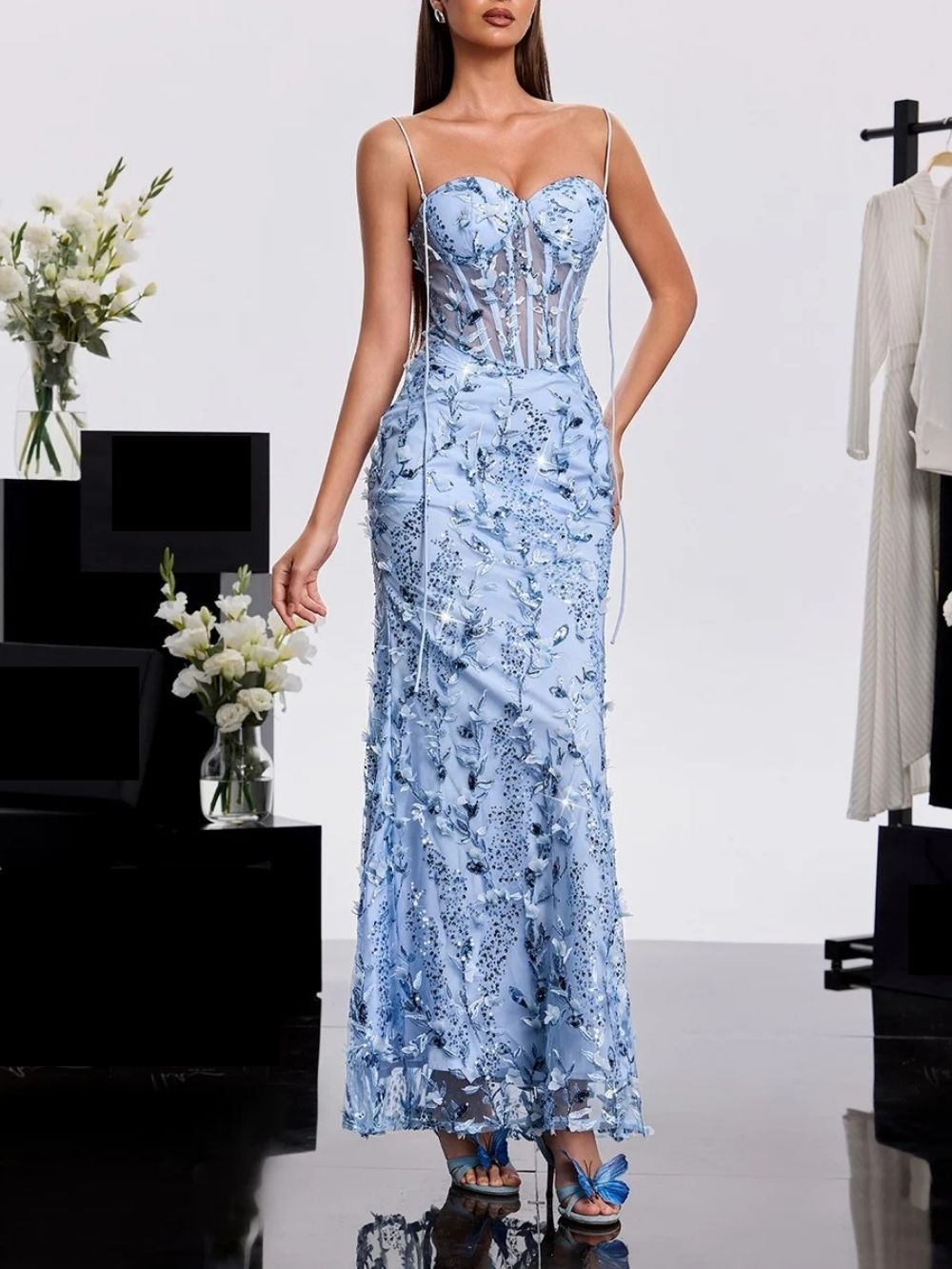 Haranu Spaghetti Corset Sequin Dress In Sky Flowering Girl