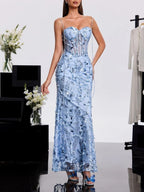 Haranu Spaghetti Corset Sequin Dress In Sky Flowering Girl