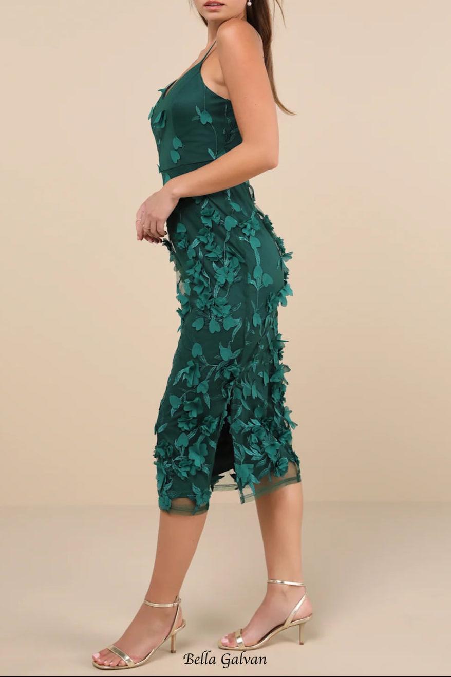 Emerald 3D Floral Embroidered Midi Dress Flowering Girl