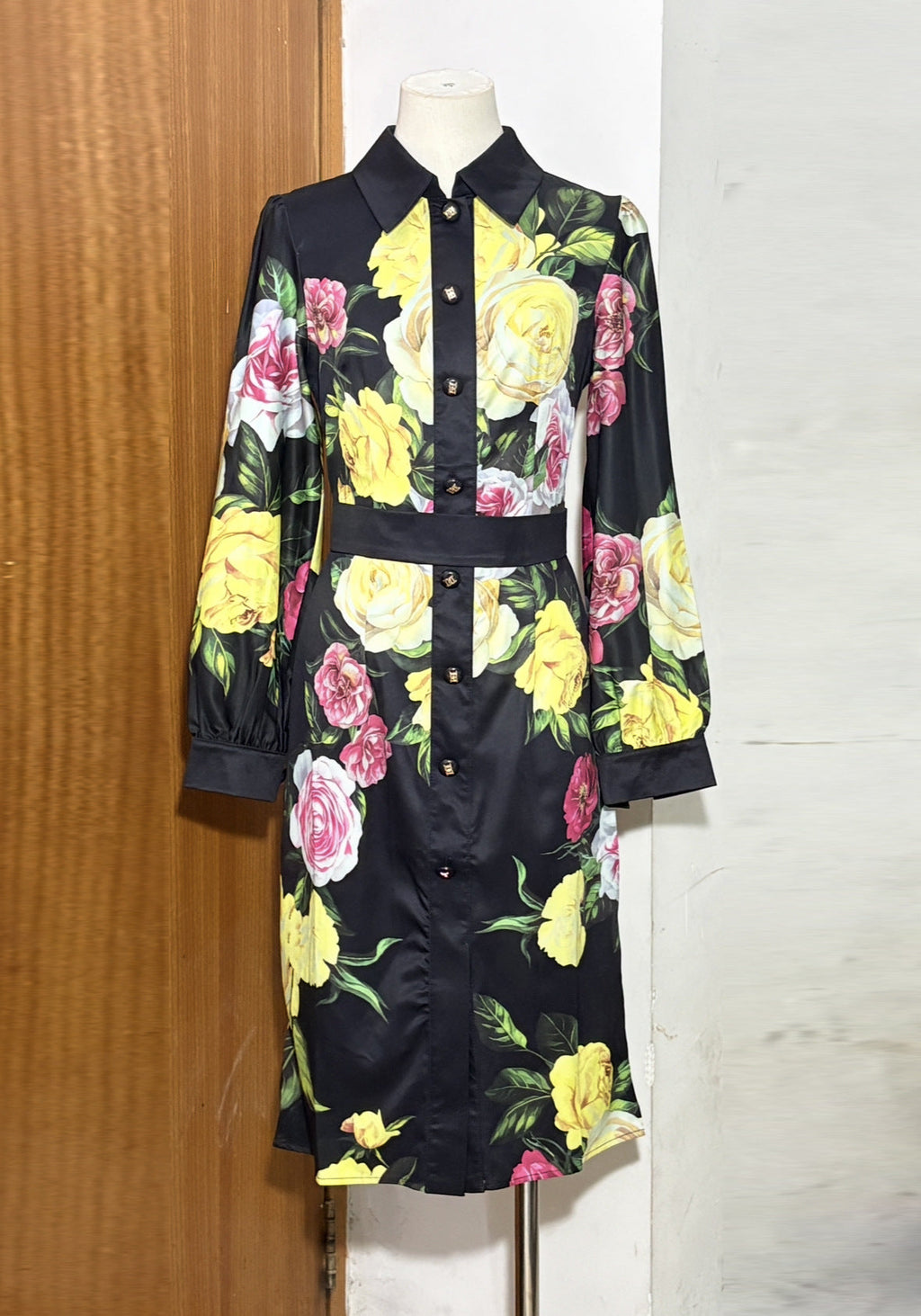 Bernice Rose Print Shirt Midi Dress In Black Flowering Girl