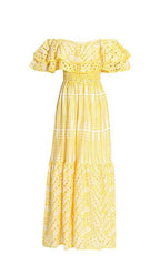 Ruffle Cold Shoulder Midi Dress In Yellow Flowering Girl