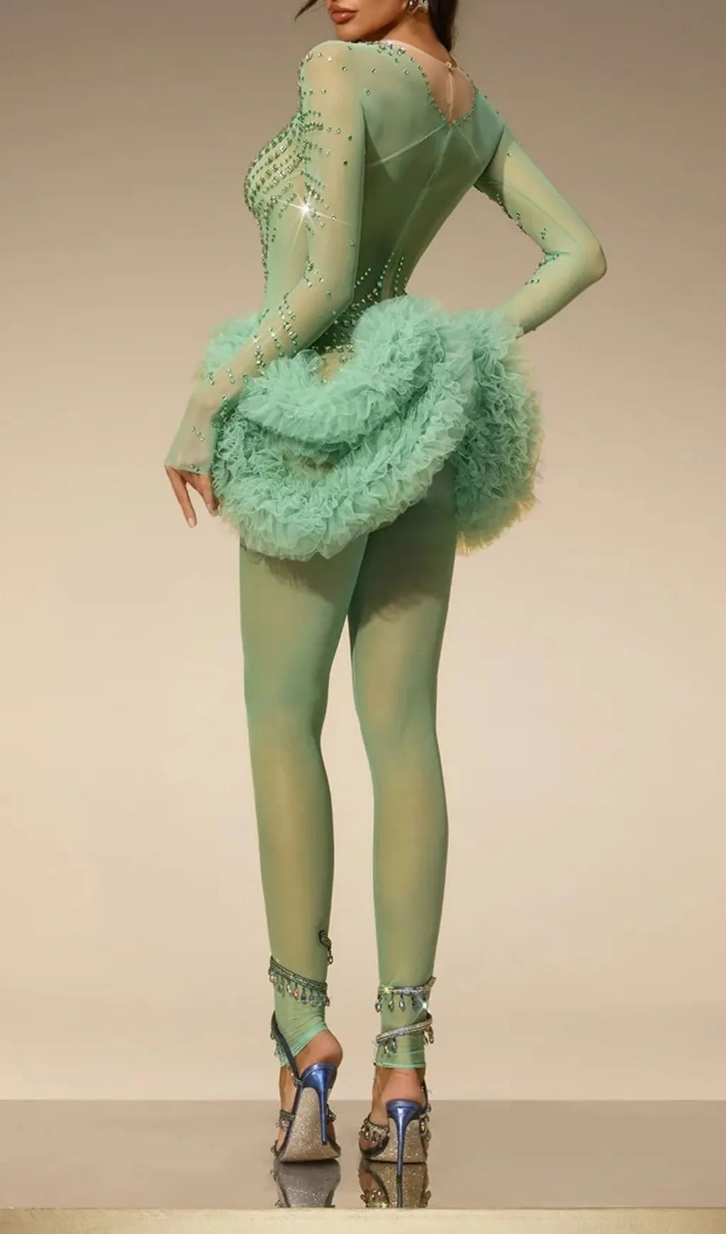 Zireth Long Sleeve Crystal Mesh Jumpsuit Flowering Girl