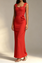 Red Square Neck Sleeveless Corset Beaded 3D Floral Bodycon Mermaid Maxi Dress Flowering Girl