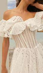 Off-Shoulder Print Mini Dress In White Flowering Girl
