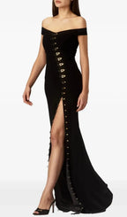 Axela Off Shoulder Split Maxi Dress - Black Flowering Girl