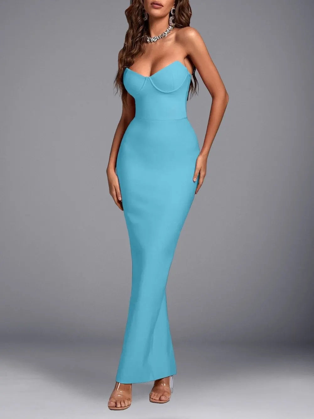 Mandara Blue Strapless Bandage Maxi Dress Flowering Girl