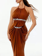Haxorin Halterneck Sequin Ruched Maxi Dress Flowering Girl