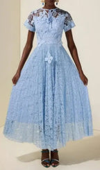 Selena Lace Butterfly Pleated Midi Dress - Blue Flowering Girl