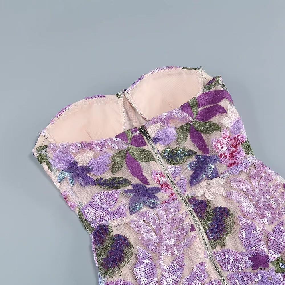 Elara Floral Sequin Embroidered Strapless Maxi Dress - Purple Flowering Girl