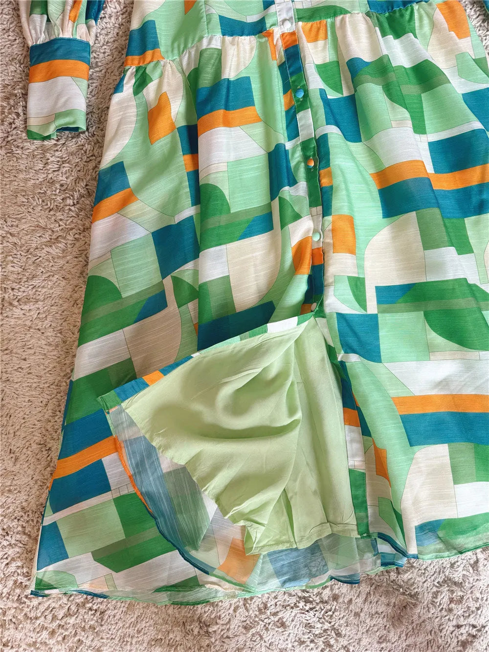 Green Color-Block Button Dress Flowering Girl