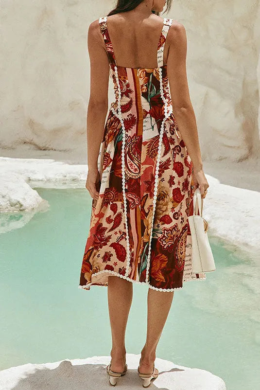 Pandora Spaghetti Strap Lace Linen Patchwork Midi Dress Flowering Girl