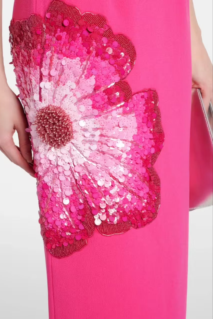 Sequin Flower Embellished Puff Sleeve Midi Dress In Pink Flowering Girl