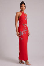 Red Halter Neck Evening Gown with Silver Floral Embellishments Flowering Girl