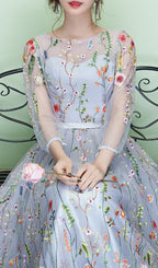 Dannell Gray Flower Mesh Sleeve Maxi Dress Flowering Girl