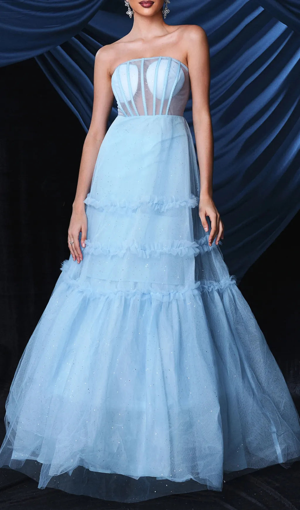 Borime Blue Corset Mesh Maxi Dress Flowering Girl
