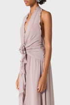Aonaver Floral Ruffle Halter Maxi Dress - Purple Flowering Girl