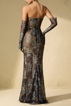 Shnovia Blue Strapless Embroidered Lace Maxi Dress With Gloves Flowering Girl