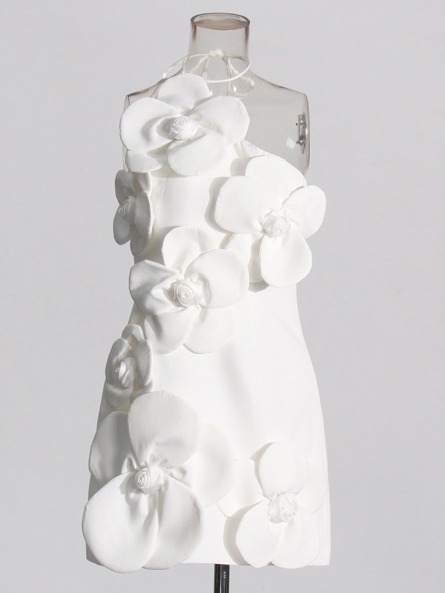 Emily Flower Halter Neck Mini Dress In White Flowering Girl