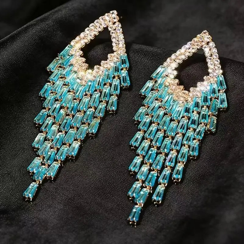 Teardrop Frame Aqua Baguette Crystal Tassel Drop Earrings Flowering Girl
