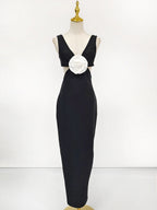 Flower V-Neck Hollow Out Maxi Dress In Black Flowering Girl