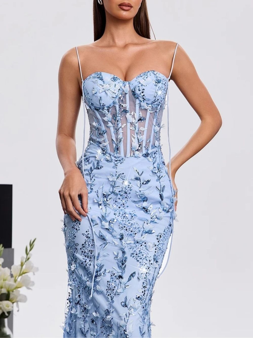 Haranu Spaghetti Corset Sequin Dress In Sky Flowering Girl