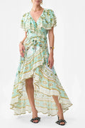 Green-Multi Printed Ruffled V-Neck Irregular Hem Silk Maxi Dress Flowering Girl