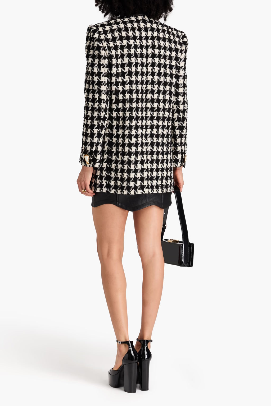 Novia Black Double-Breasted Houndstooth Wool-Blend Tweed Blazer Flowering Girl