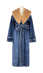 Adel Faux Fur Collar Denim Coat Flowering Girl