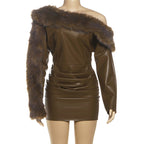 Sibyl Leather Fur Collar Asymmetrical Mini Dress In Brown Flowering Girl