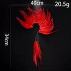 Dramatic Red Feather Ear Cuff, Black Rhinestone Ear Wrap with Silver Chain Tassel Flowering Girl